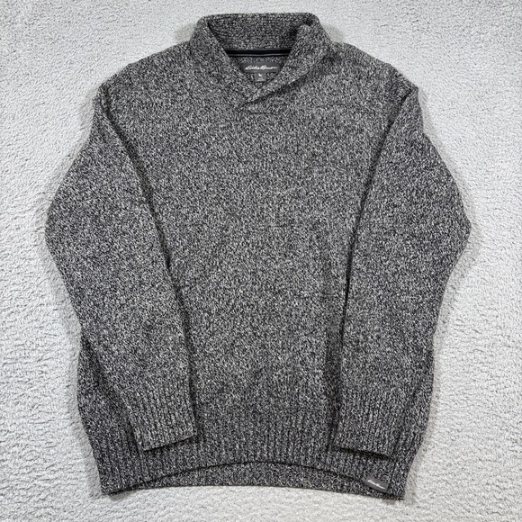 VTG Eddie Bauer Mens Sz L Grey Shawl Collar Sweater Wool Acrylic Nylon - Picture 1 of 7